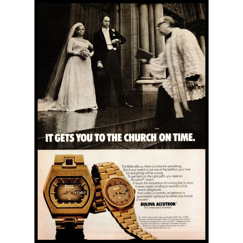 1974 Bulova Accutron Gold Watch Vintage Print Ad Wedding Church On Time Wall Art